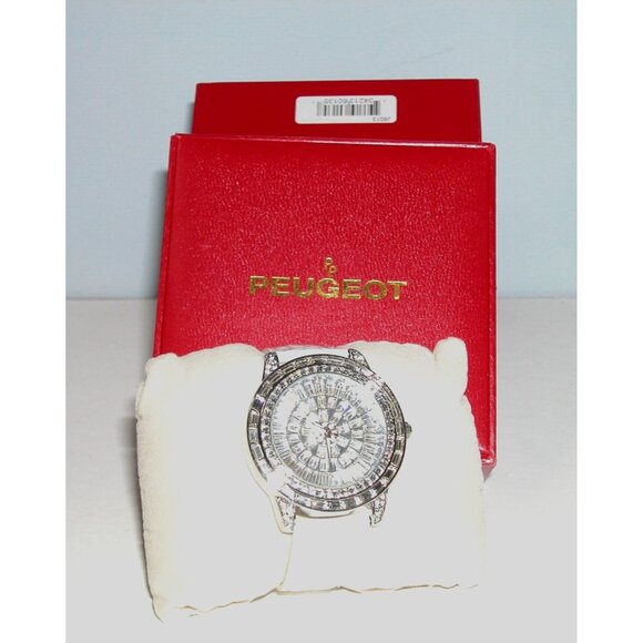 Peugeot Womens Swarovski Crystal Watch With White Leather Strap - Picture 2 of 4